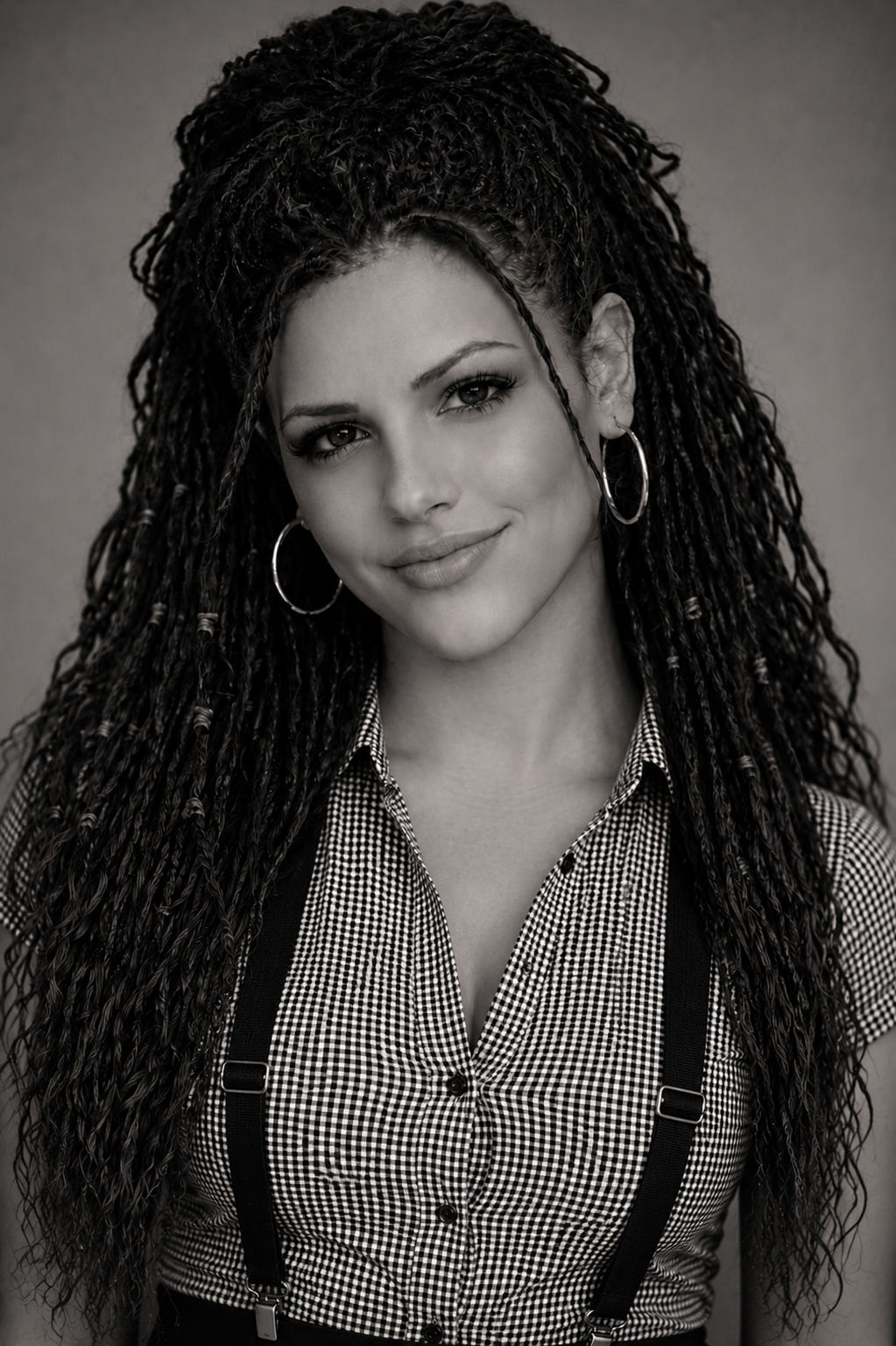 Lola Dune wearing a checked shirt and suspenders, with long textured braids