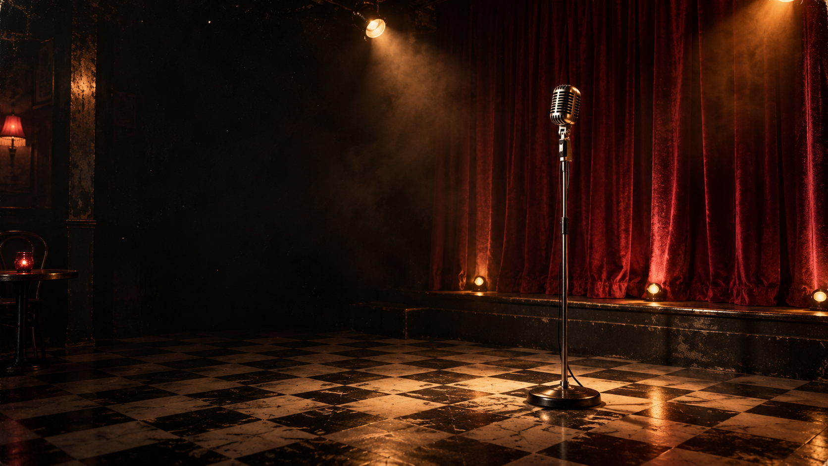 A vintage microphone on a checkerboard club floor in front of deep red curtains